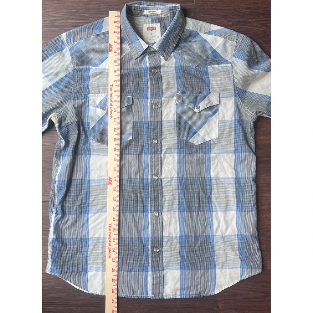 Levis Mens Western Shirt Blue White Plaid Pearl Snap Standard Fit M Long Slv